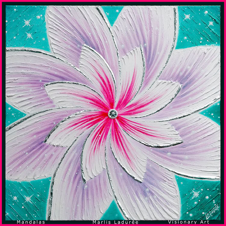 WATER LOTUS 80 cm x 80 cm Glaze, oil on canvas crystal, argent leave