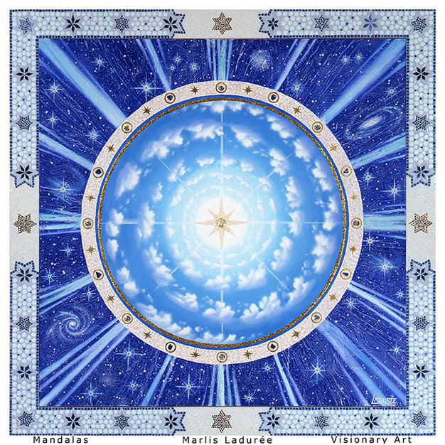 PASSAGE 180 cm x 180 cm Glaze, oil on canvas Gold leave, mosaic,  lapis lazulis, crystals