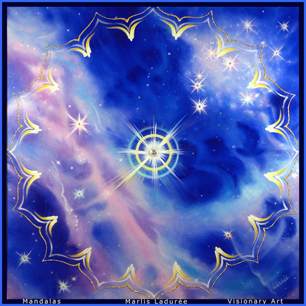 FUSION DE SHIVA 140 cm x 140 cm Glaze, oil on canvas Gold leave, crystals, strass