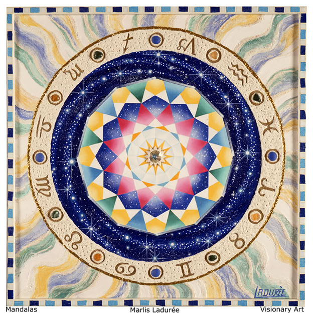 Blue Sun Mandala 37 cm x 37 cm Glaze, oil on canvas Gold leave, crystals