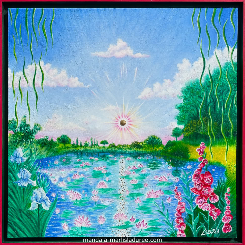 GIVERNY 100 cm x 100 cm, huile et glacis sur toile,  modelling paste  et feuilles d’argent et or.
